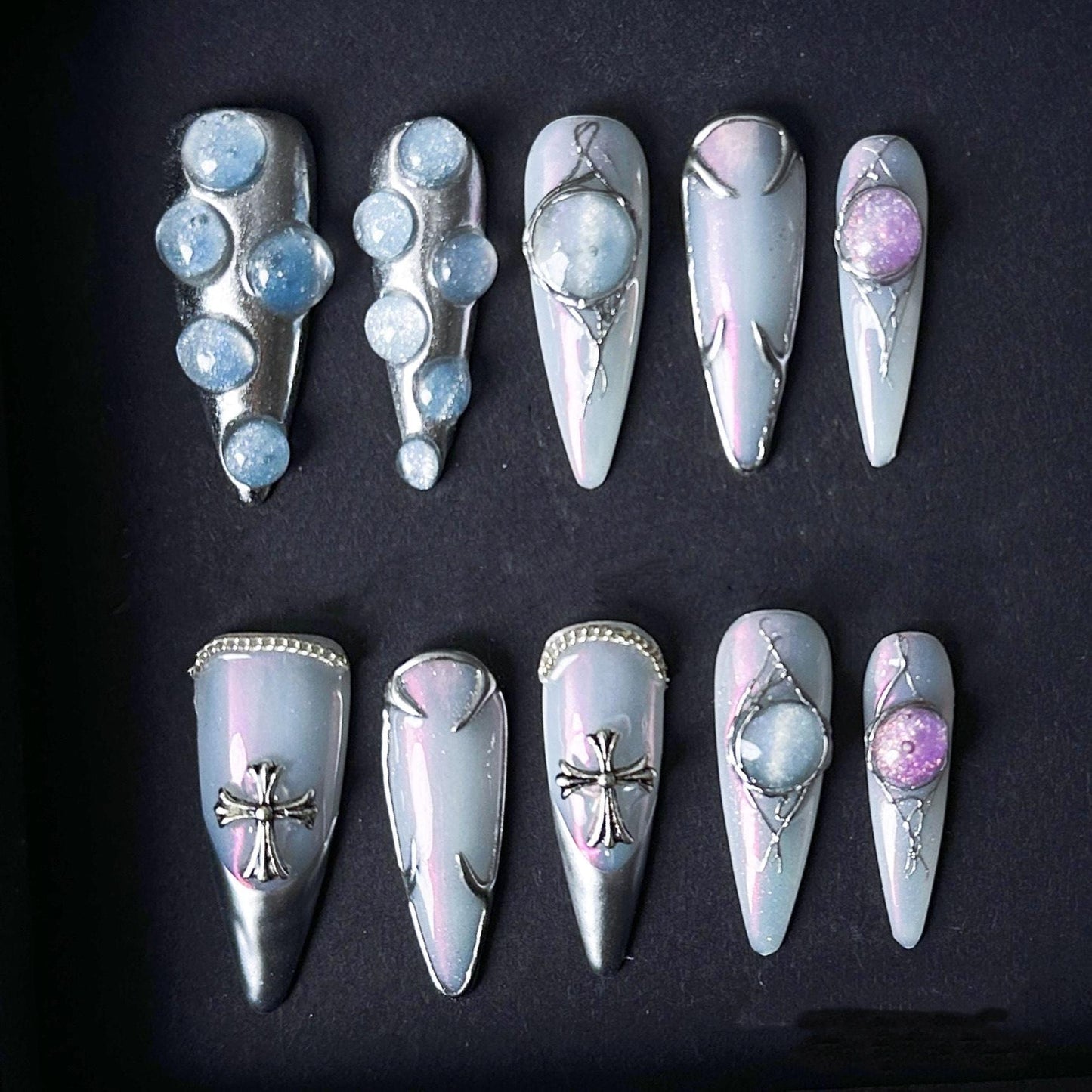 Galaxy Pearl Chrome Press On Nails with Iridescent Orb Accents Manicure press on artificial glue on faux reusable trendy nail