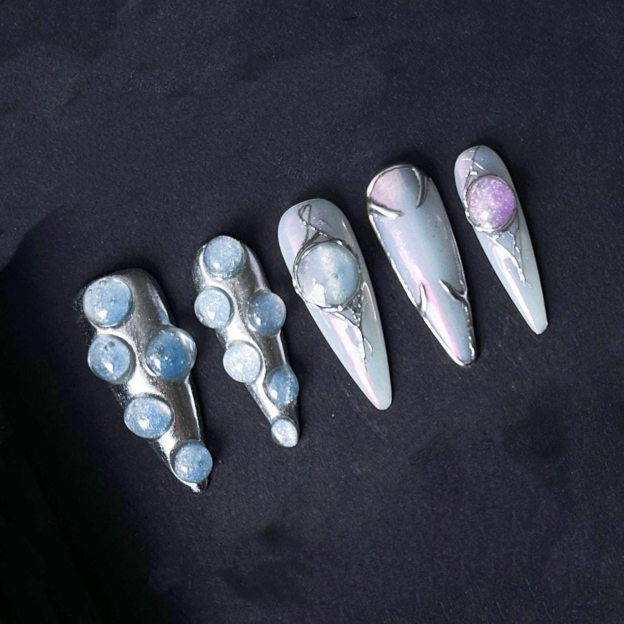 Galaxy Pearl Chrome Press On Nails with Iridescent Orb Accents Manicure press on artificial glue on faux reusable trendy nail