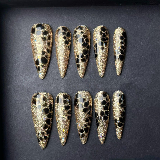 Gold Glitter Leopard Press On Nails with Black Accent Pattern Manicure press on artificial glue on faux reusable trendy nail