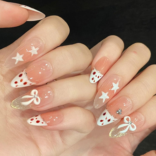 Cute White and Red Polka Dot Press On Nails with Stars and Bows Manicure press on artificial glue on faux reusable trendy nail