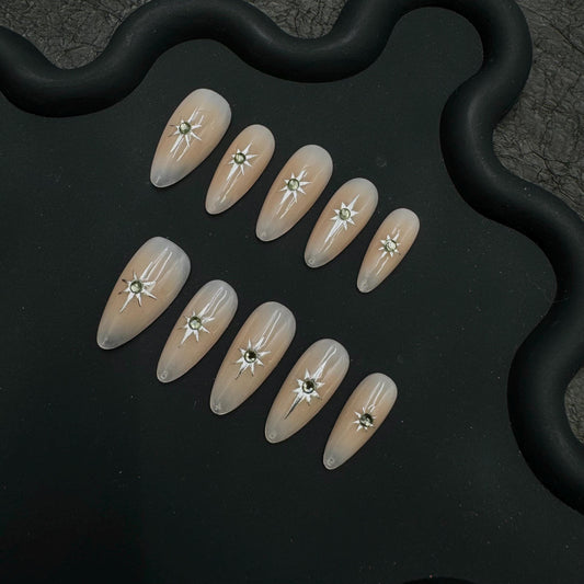 nude star nails celestial press on minimalist art gradient rhinestone star stargazer galaxy silver starburst neutral press on simple glam