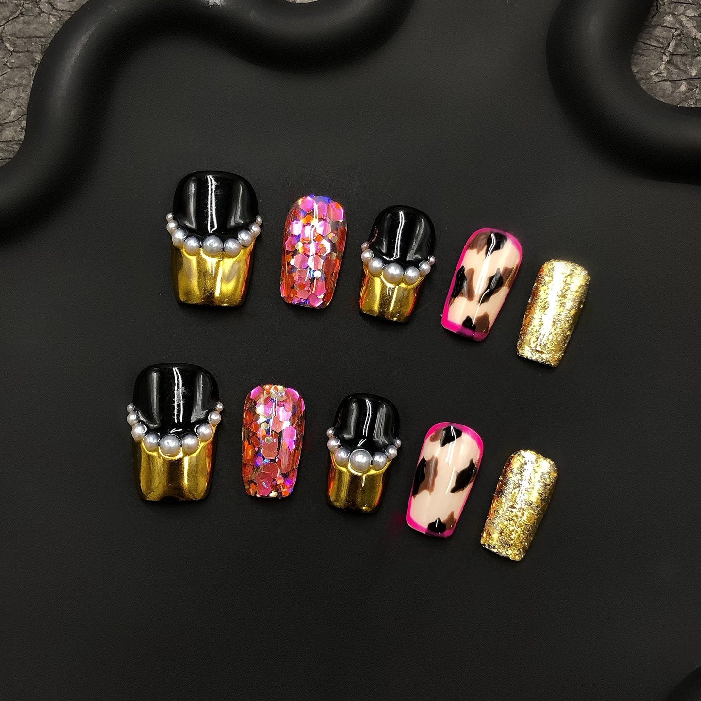 glam press on nails gold foil  leopard print  pearl accent  black gold bold set, sequin glitter statement  luxury hot pink fashion, bling