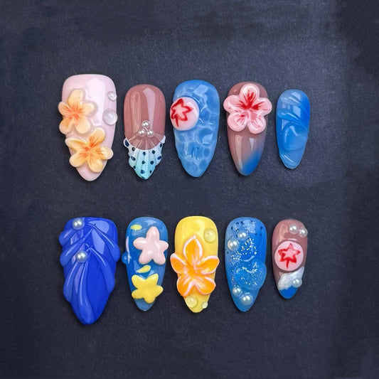 Tropical Tide Blossom Press-On Nails – 3D Floral Ocean-Inspired Handmade Nail Set