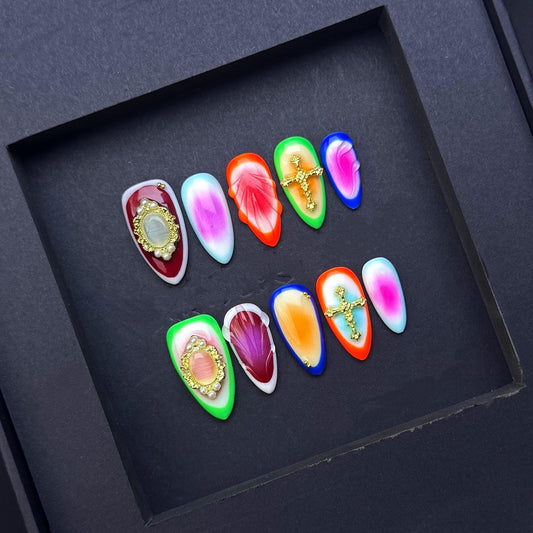 Neon Cross and Gemstone Statement Press On Nails Manicure press on artificial glue on faux reusable trendy nail