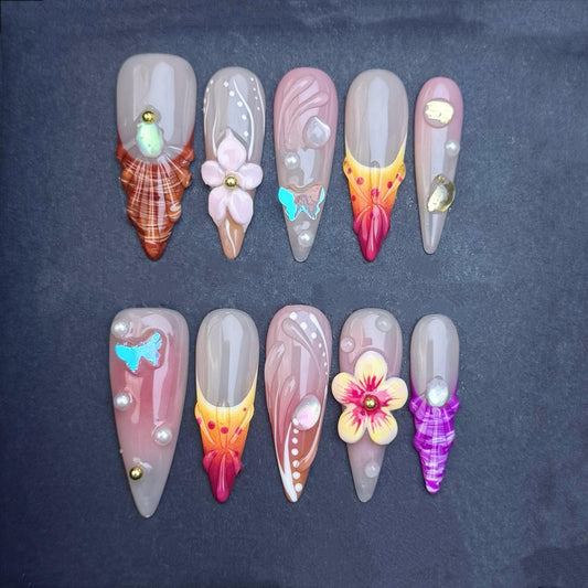 Sunset Tropics Butterfly and Shell Press On Nails Manicure press on artificial glue on faux reusable trendy nail