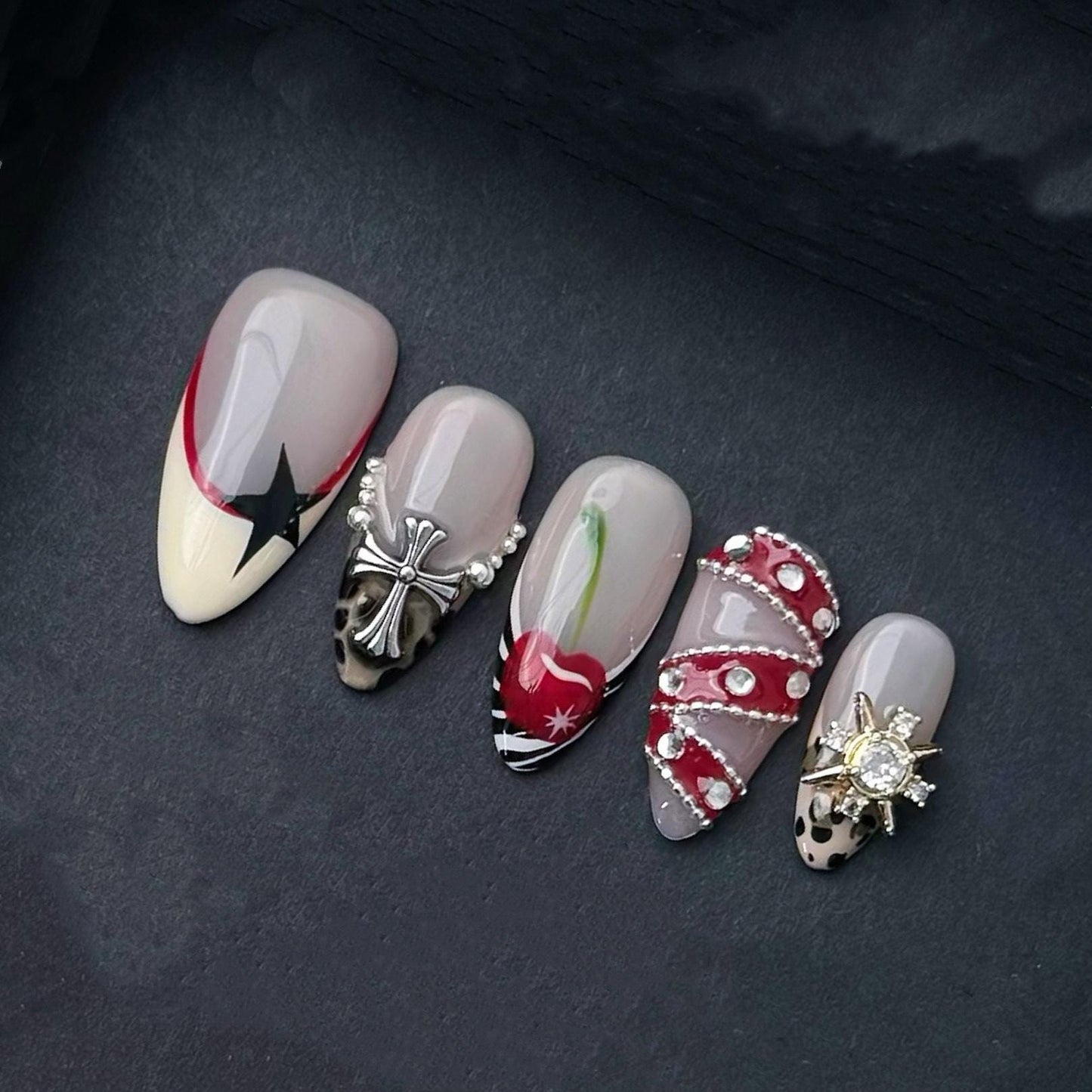 Mocha Gothic Cross and Heart Press On Nails Manicure press on artificial glue on faux reusable trendy nail