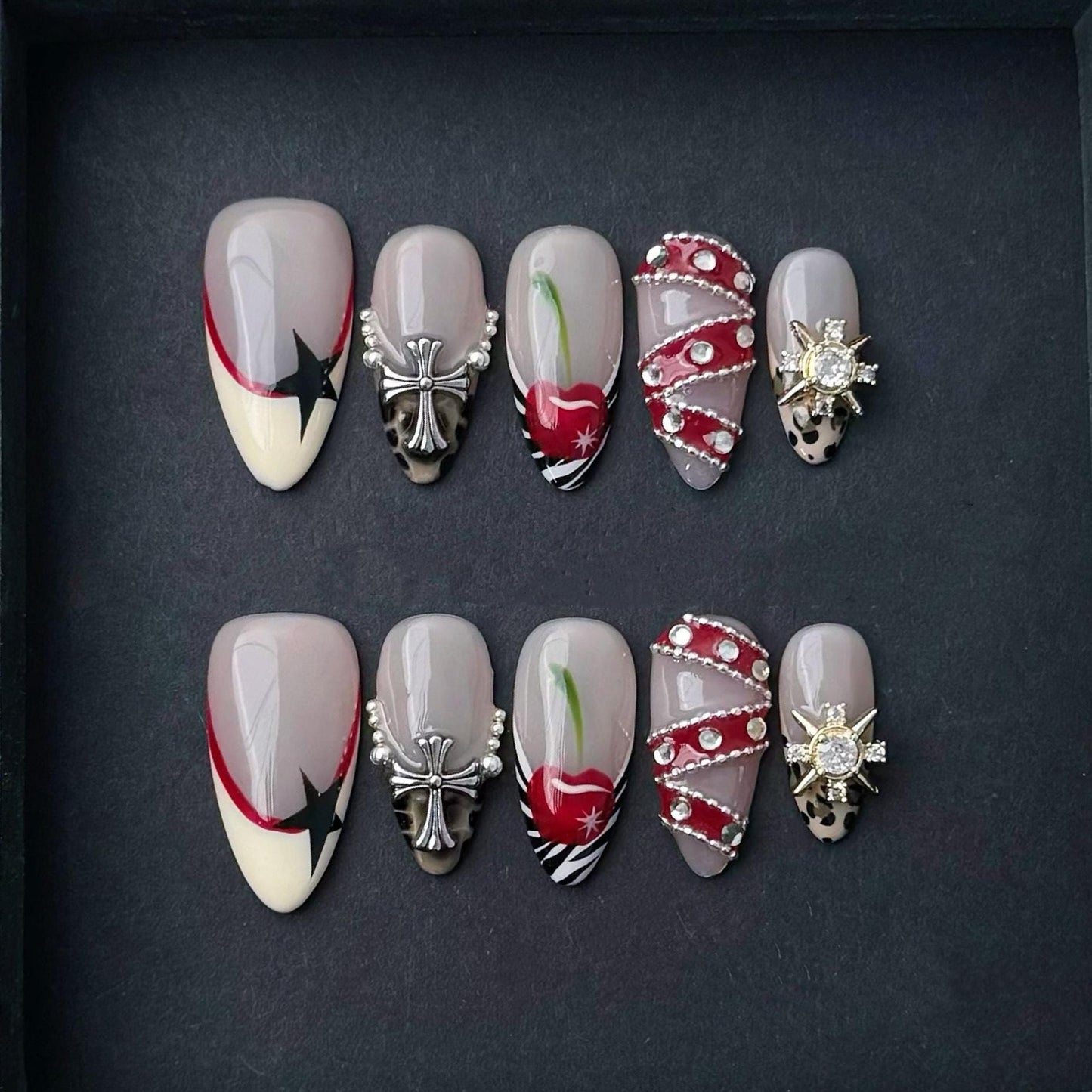 Mocha Gothic Cross and Heart Press On Nails Manicure press on artificial glue on faux reusable trendy nail