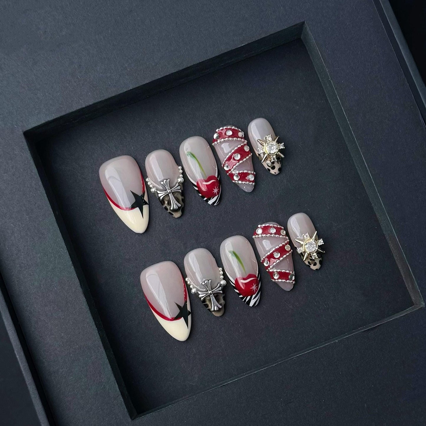 Mocha Gothic Cross and Heart Press On Nails Manicure press on artificial glue on faux reusable trendy nail