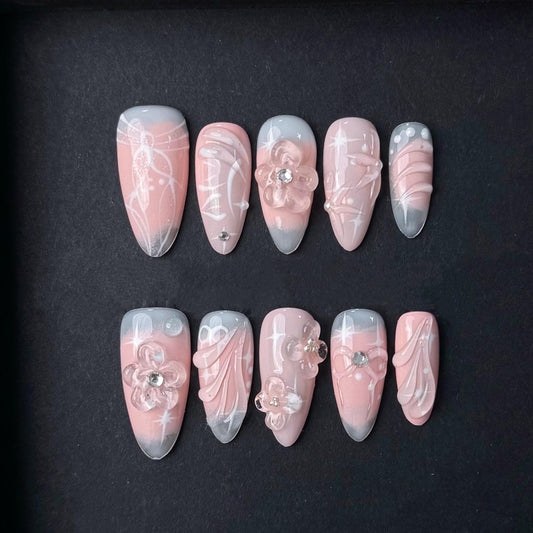 Blush Pink Pearl 3D Floral Press On Nails Manicure press on artificial glue on faux reusable trendy nail