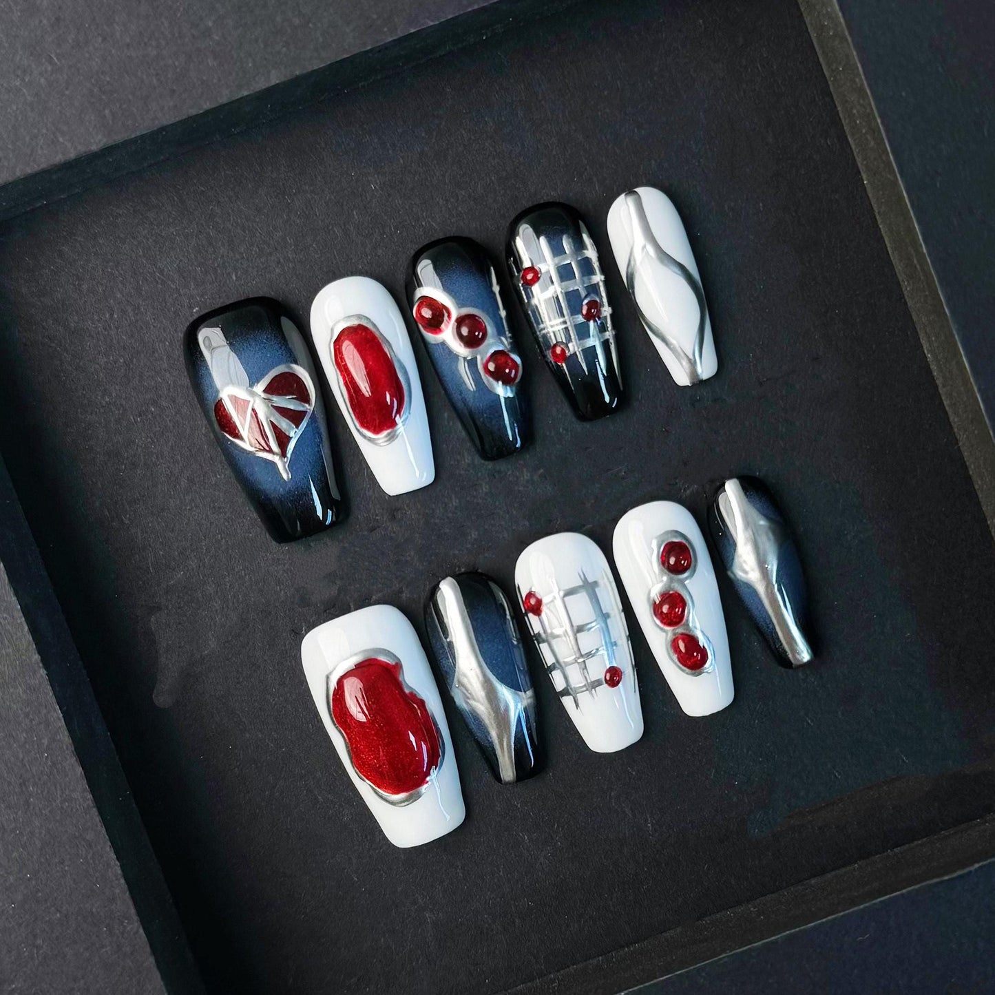 Cyber Heart Grid Press On Nails faux artificial glue on nails
