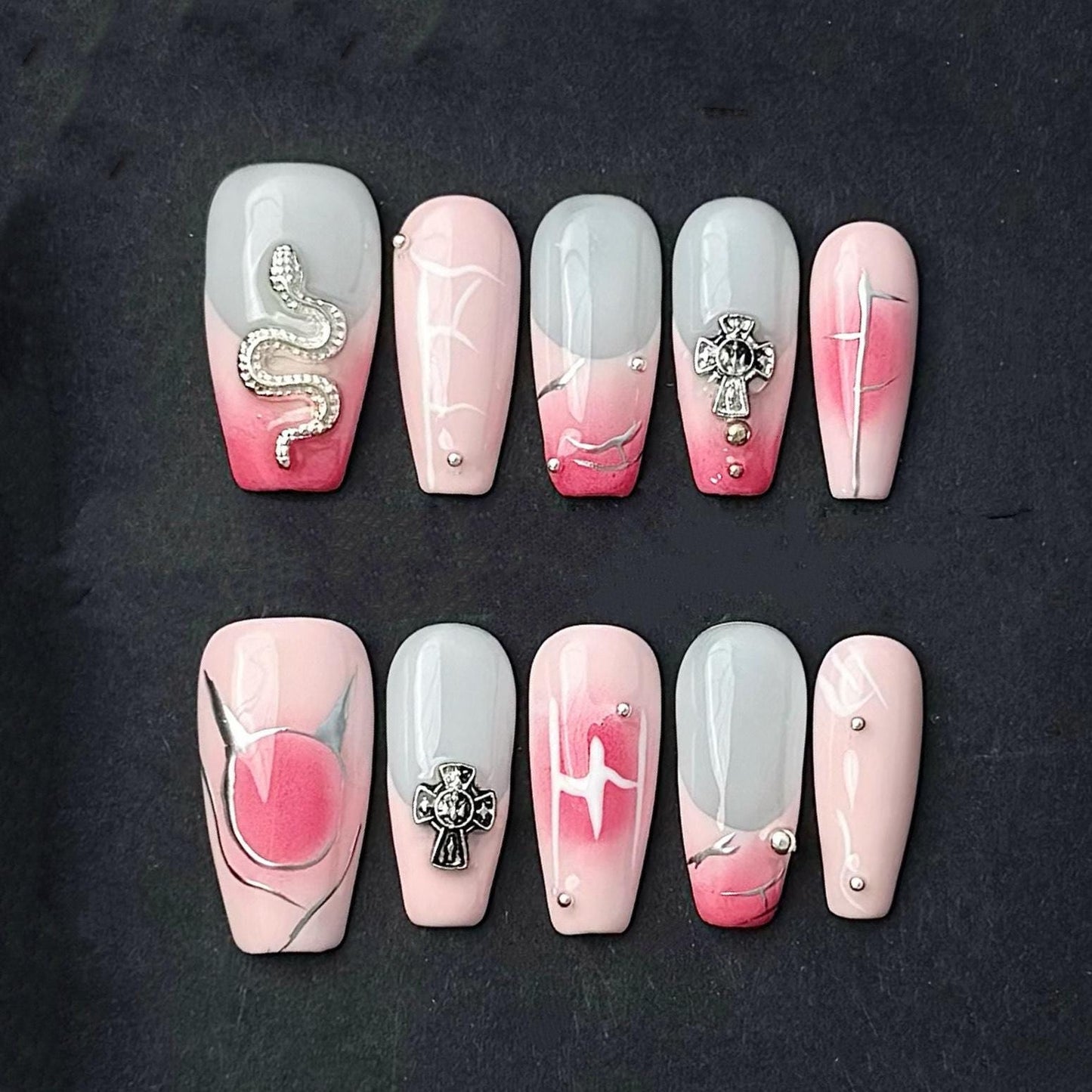 Gothic Pink Ombre Snake and Cross Nails Artificial reusable fake glue on faux manicure nails trendy art