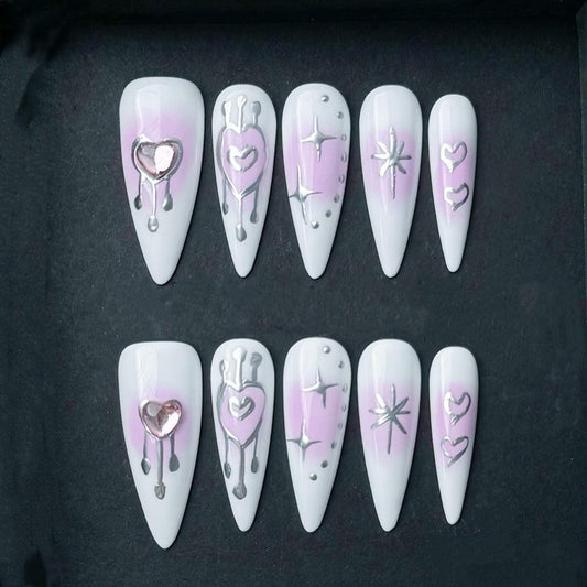 Silver Drip Heart Galaxy Nails Artificial reusable fake glue on faux manicure nails trendy art
