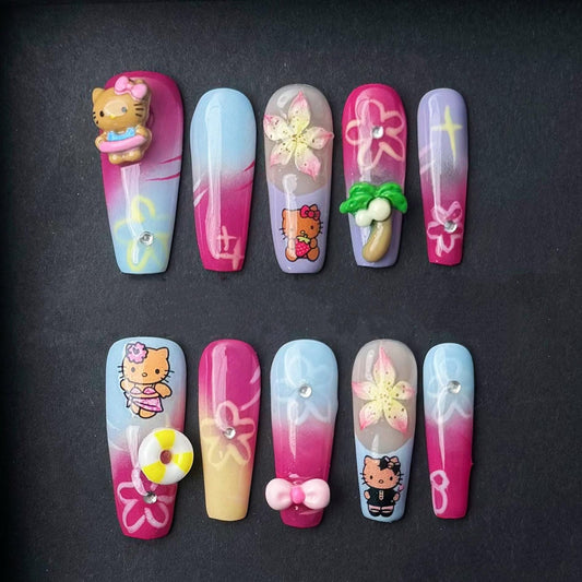 Tropical Hello Kitty Vacation Press On Nails Artificial reusable fake glue on faux manicure nails trendy art