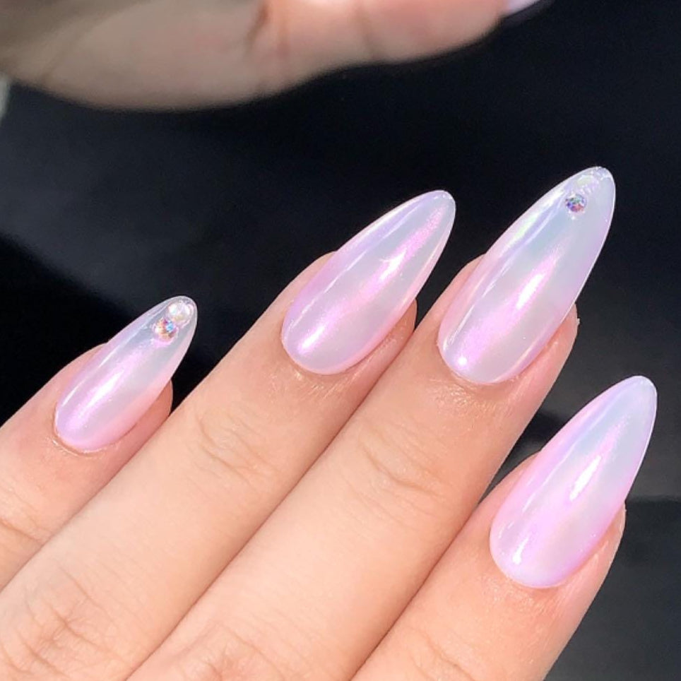 Iridescent Pearl Chrome Press-On Nails with Rhinestones glue on dreamy soft lavender pink accents bridal glam fairytale luxury y2k holograph