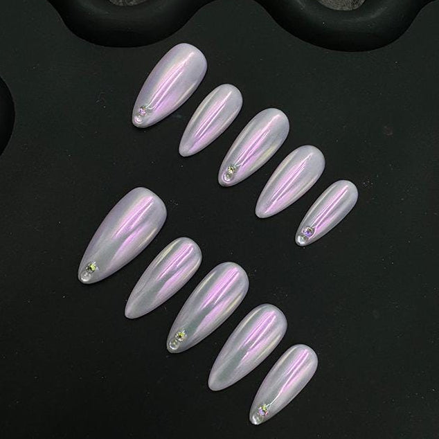 Iridescent Pearl Chrome Press-On Nails with Rhinestones glue on dreamy soft lavender pink accents bridal glam fairytale luxury y2k holograph