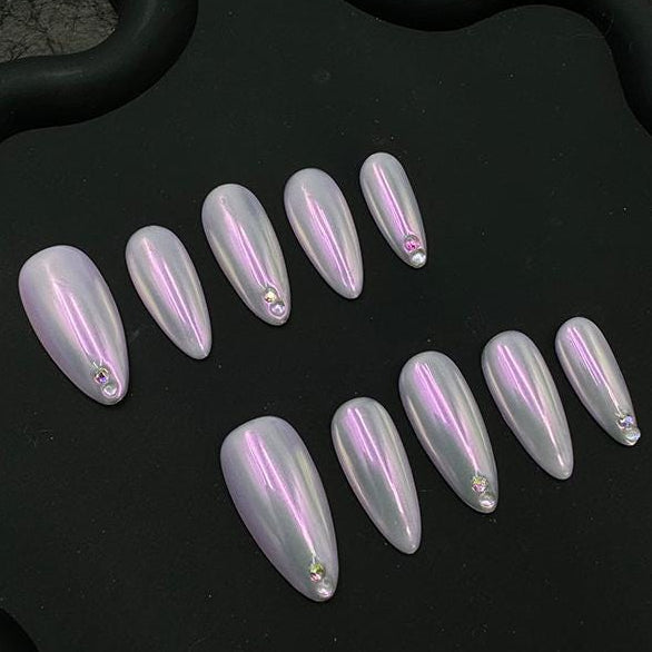 Iridescent Pearl Chrome Press-On Nails with Rhinestones glue on dreamy soft lavender pink accents bridal glam fairytale luxury y2k holograph