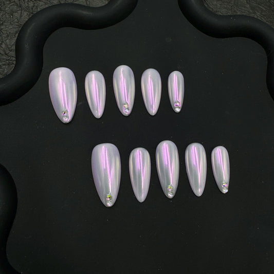 Iridescent Pearl Chrome Press-On Nails with Rhinestones glue on dreamy soft lavender pink accents bridal glam fairytale luxury y2k holograph