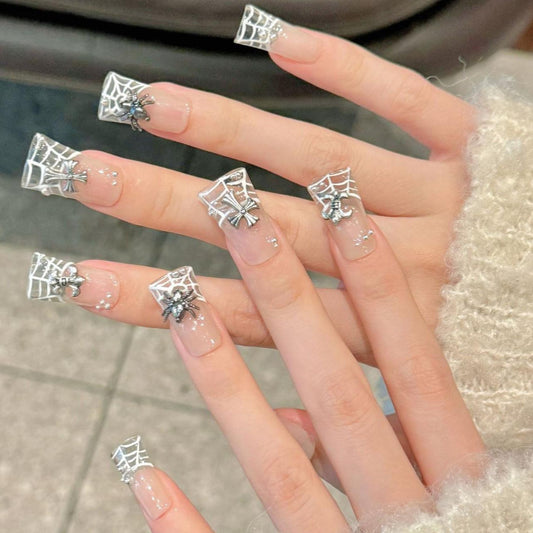 Silver Spiderweb Halloween Press-On Nails 3D Gothic Glam glue on creepy coffin web tips 3d rhinestone clear nude silver white witchy horror
