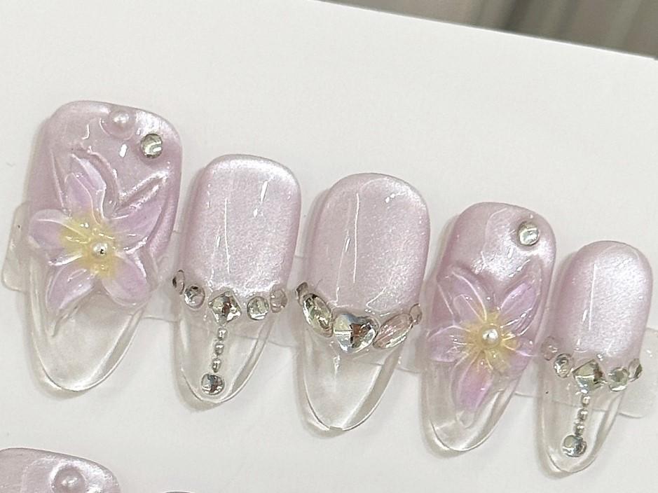 Icy Crystal Butterfly Press-On Nails Long Clear & White Glam Set soft 3d butterflies flowers silver crystal charms bridal elegance fairycore