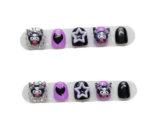 Child nails Gothic Kawaii Kuromi Press-On Nails – 3D Star & Heart Charm Set glue on bold purple cosplay artificial nails handmade nail art