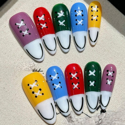 Colorful Sneaker-Inspired Press-On Nails – Fun Lace-Up Design glue on lace up sneaker crisp detailing hand painted faux nails multi colored