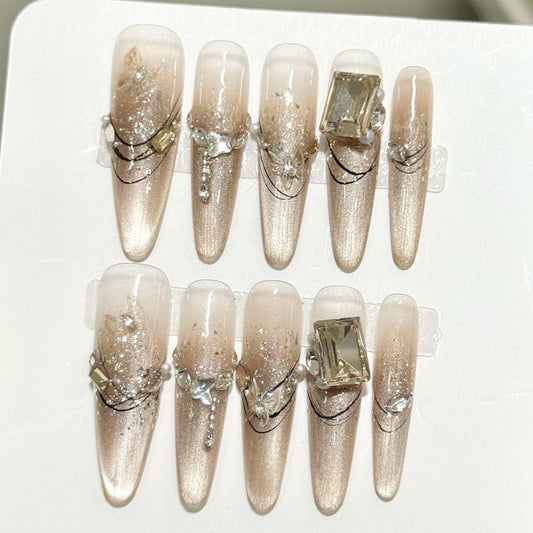 Champagne Elegance Press-On Nails  Crystal Glam Nude Set glue on formal weddings extra chic silver foil nude base pearl chains crystals art