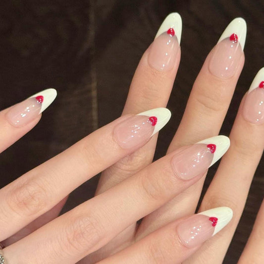 Sweetheart French Tip Press-On Nails – White Tips with Red Heart Accent Valentines medium oval glue on artificial romantic gift nude base