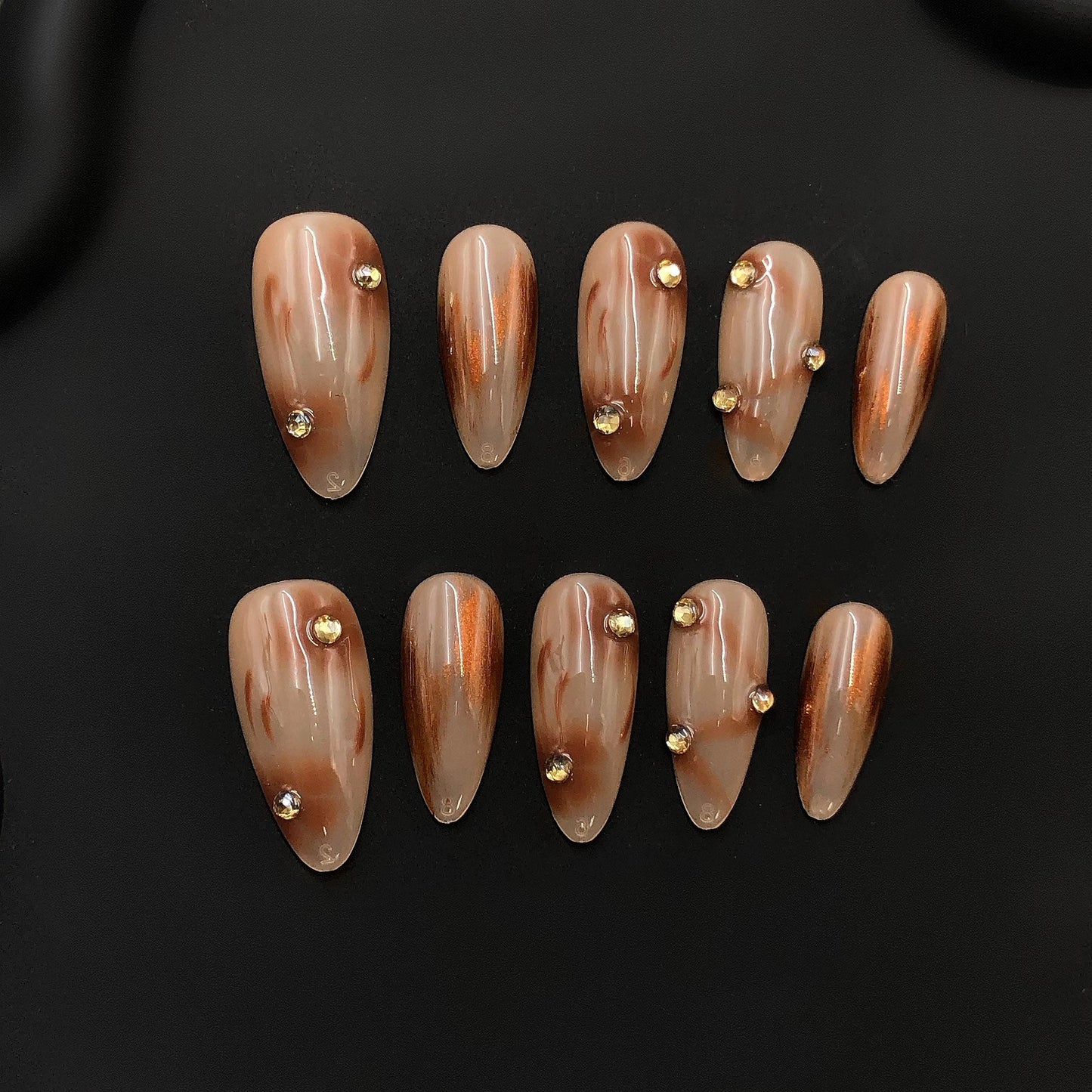 press-on nails nude almond shape glossy finish marble design rhinestone transparent elegant design handmade chic style brown accent luxury