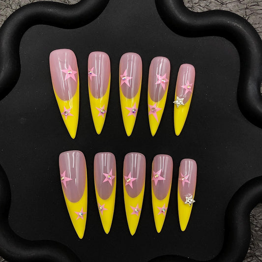 yellow stiletto nails pink star art long press on summer bright design star charms French tips pastel pink glossy  bold art kawaii vibrant