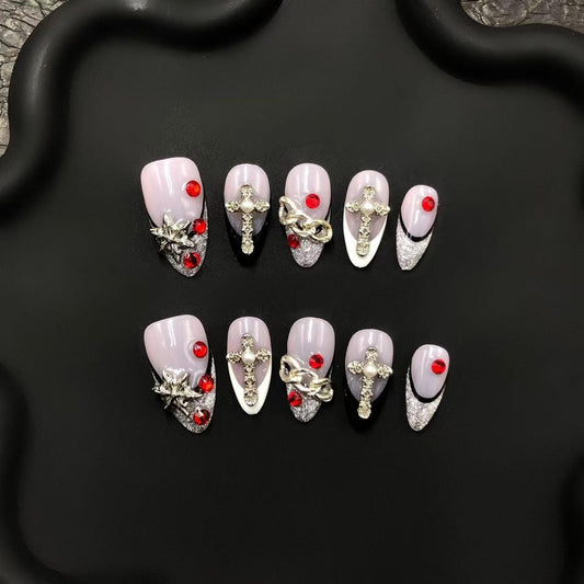 gothic press on nails pink and black cross charm  red rhinestone silver glitter tips 3D chain edgy  bold statement luxury art glam dramatic