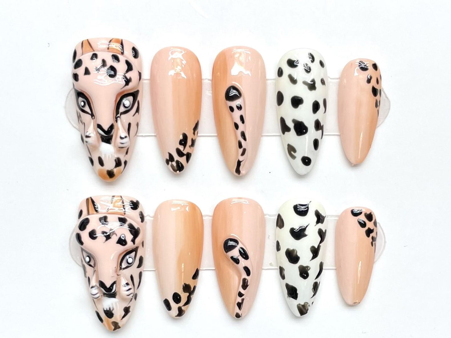 Wild Instinct Press-On Nails – 3D Leopard Face & Animal Print Set glue on artificial faux nails medium almond nude peach white cool nail art