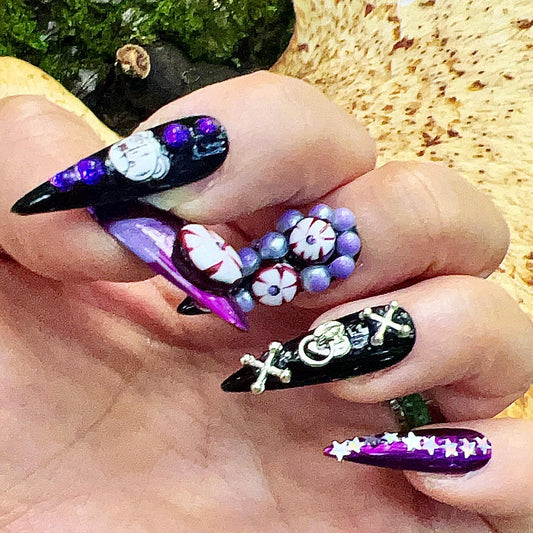 3D Gothic Purple Chrome Press-On Nails with Skulls Crosses and Stars. Artificial reusable fake glue on faux manicure nails trendy art