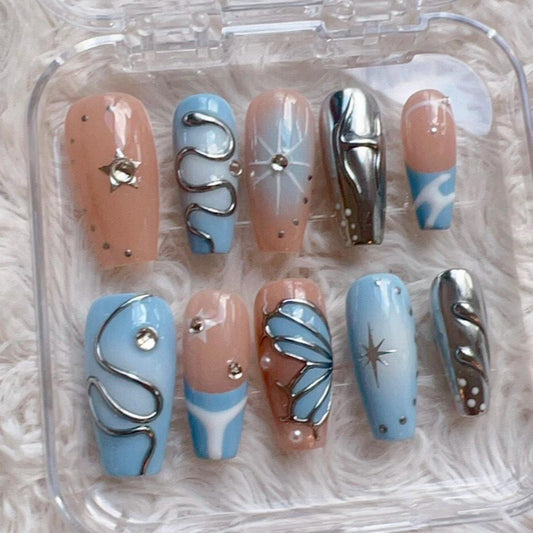 Celestial Butterfly Chrome Nails Blue & Nude Press On Nail Set with Stars 3D Details medium square glue on faux artificial nail art handmade