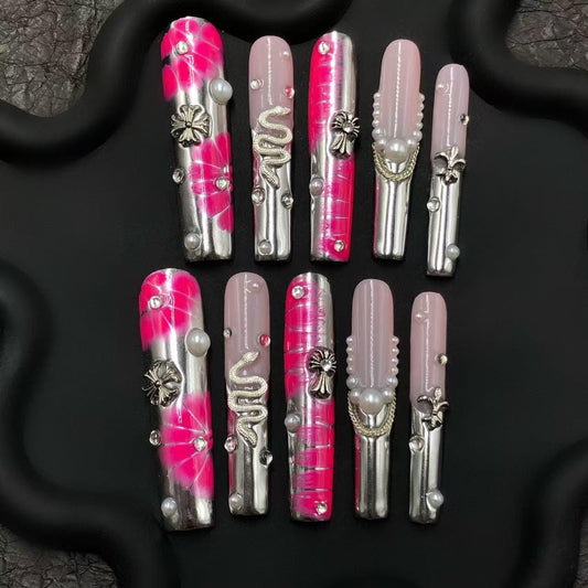 Glam Punk Pink Chrome Press On Nails – Snake, Pearl & Chain Design