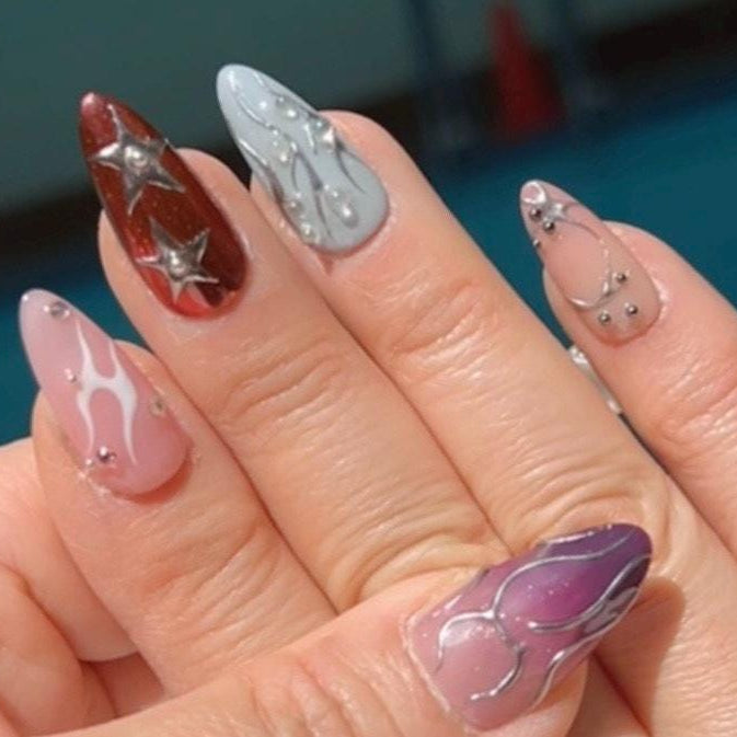 Retro Chrome Star Nails – Mixed Flame & Pearl Accent Press On Set in Multicolor glue on artificial faux nails hand painted nail art cool