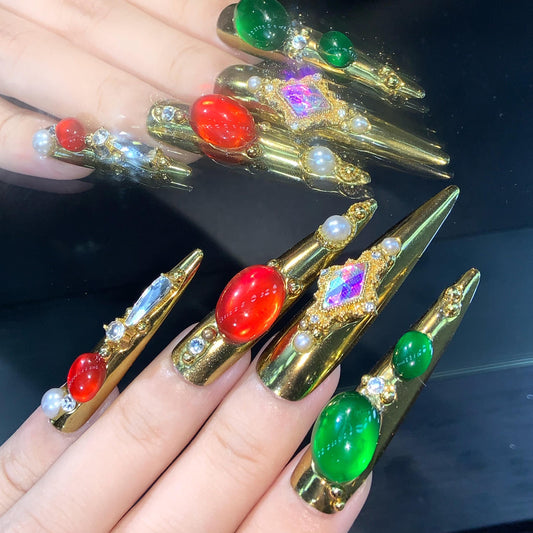 Royal Gold Gemstone Press On Nails – Luxe Red, Green & Pearl Set