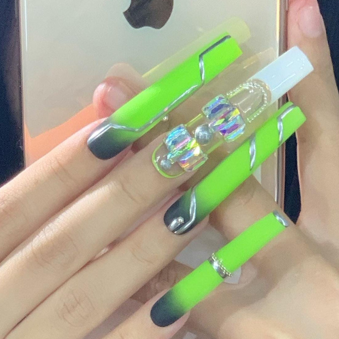 Neon Green Cyber Drip Press On Nails – Holographic Charm & Black Accent Set