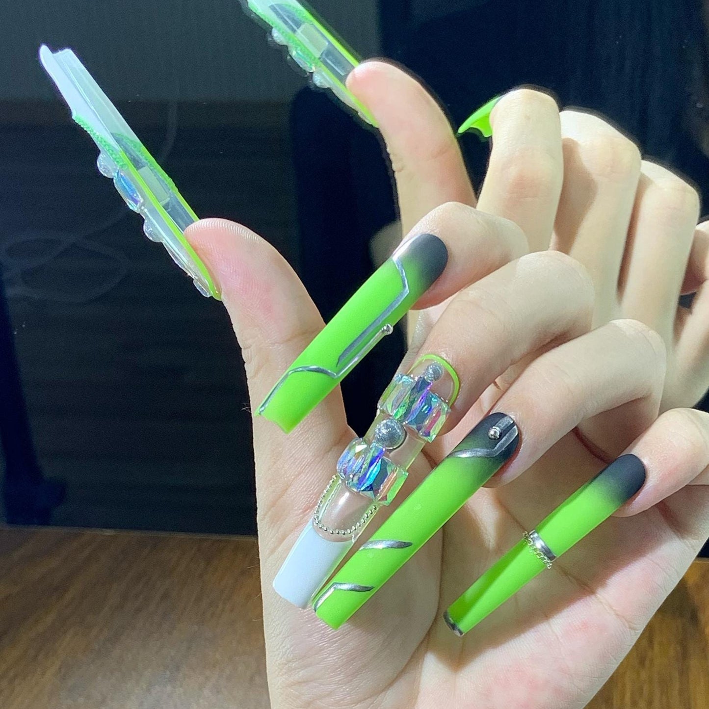 Neon Green Cyber Drip Press On Nails – Holographic Charm & Black Accent Set