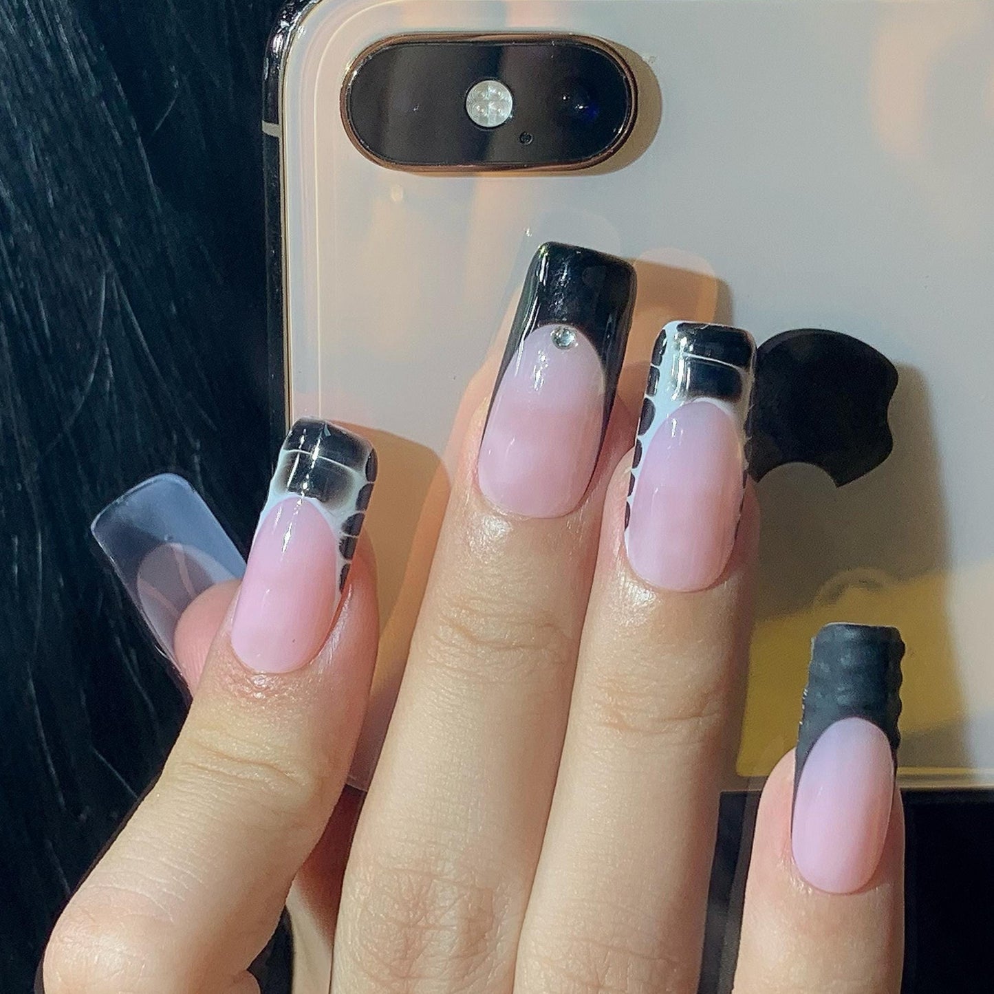 Glossy Black Chrome Tip Press On Nails – Edgy Grid Accent Square Set