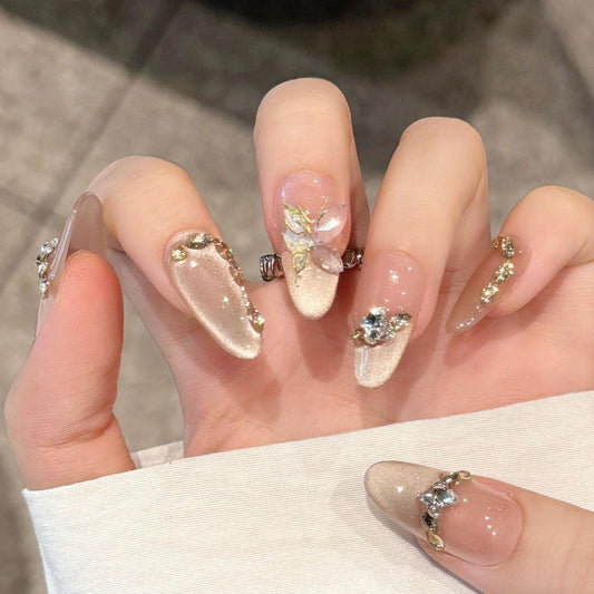 Champagne Shimmer Butterfly Rhinestone Press-On Nails. Artificial reusable fake glue on faux manicure nails trendy art.
