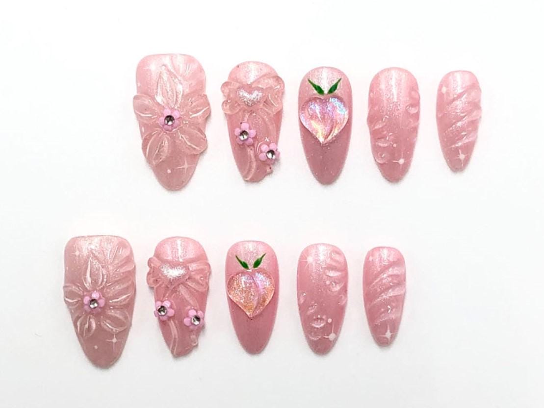 Peachy Pink 3D Jelly Nails – Kawaii Fruit & Floral Fantasy Press-On Set glue on artificial faux nails fruity holographic cute nail art