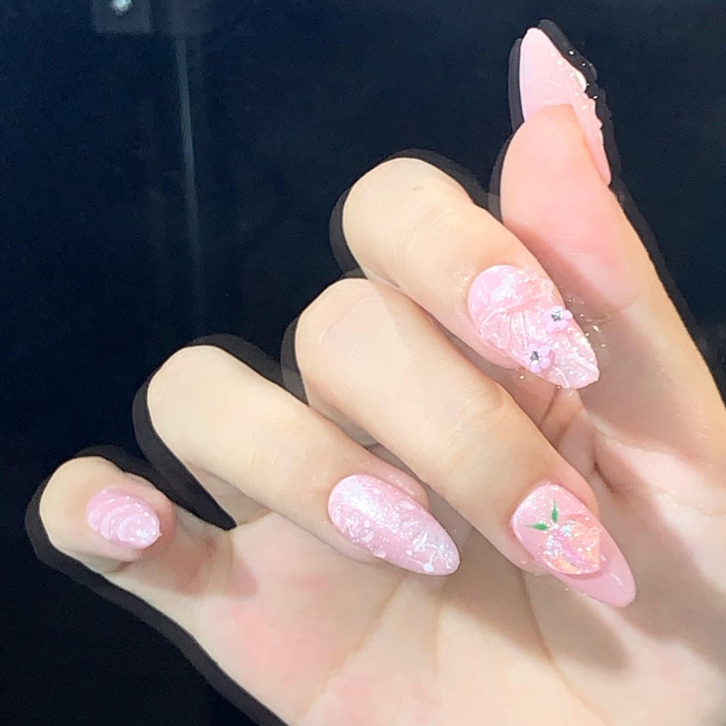 Peachy Pink 3D Jelly Nails – Kawaii Fruit & Floral Fantasy Press-On Set glue on artificial faux nails fruity holographic cute nail art