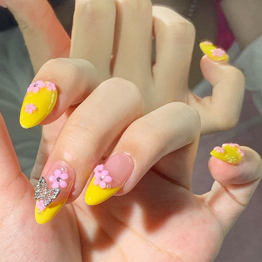 Sunshine Bloom 3D Floral Press-On Nails – Yellow & Pink Butterfly Charm Set glue on artificial faux nail art spring summer short almond joy