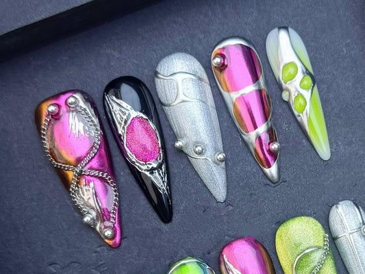 Chrome Sci-Fi Cybercore Press-On Nails – Mixed Metallic 3D Accent Set glue on artificial faux nails cosplay cyberpunk hand painted nail art