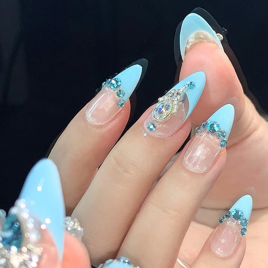 Icy Blue Rhinestone French Tip Press-On Nails – Elegant Winter Glam Set Artificial reusable fake glue on faux manicure nails trendy art