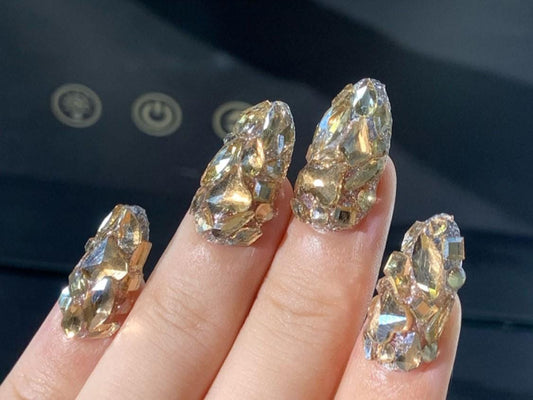 3D Gold Crystal Cluster Press-On Nails – Full Rhinestone Glam Set Artificial reusable fake glue on faux manicure nails trendy art