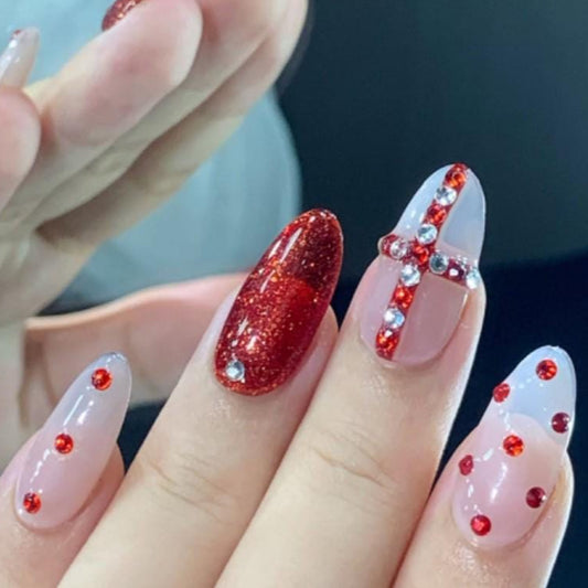 Glam Red Rhinestone Cross Press-On Nails – Glitter & Crystal Accent Set Artificial reusable fake glue on faux manicure nails trendy art