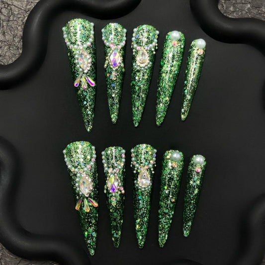 Emerald Glam Glitter Press On Nails – Jewel & Pearl Encrusted Stiletto Set Artificial reusable fake glue on faux manicure nails trendy art