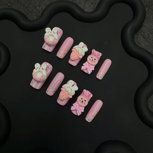 Kawaii Bunny Dessert Press On Nails – 3D Ice Cream & Donut Cutie Set Artificial reusable fake glue on faux manicure nails trendy art