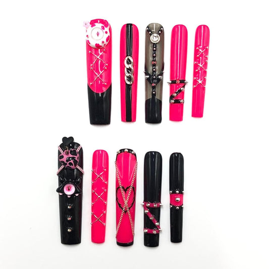 Hot Pink & Black Gothic Baddie Press On Nails – Eye Charm  Chain Corset Set Artificial reusable fake glue on faux manicure nails trendy art